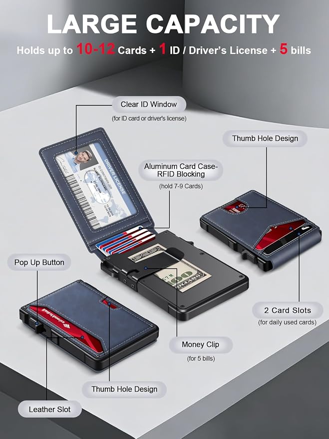 Wallet for Men RFID Blocking Wallet for 10-12 Cards Slim Bifold Minimalist Smart Pop Up Wallet with Money Clip Inside & ID Window Compact Front Pocket Metal Credit Card Holder Birthday Gifts for Men - Image 4