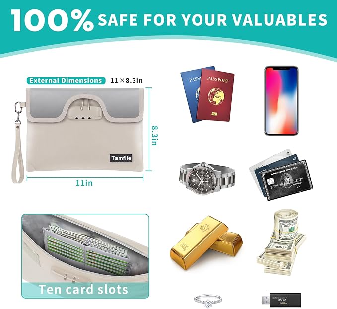 5200°F Fireproof Money Bag with Lock, Water Fireproof Document Bag with Zipper, 8 Layers Fire Insulation, Small Fireproof Safe Storage Pouch with Lock for Cash, Passport, (8.3" x 11", Beige - Image 6