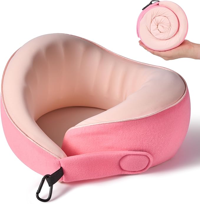 KPNEOL Travel Pillow, 100% Pure Memory Foam Travel Neck Pillow Airplane Neck Support Ergonomic Design for Traveling Suitable for Airplanes (Cool Pink, Standard, C-Shape) by KPNEOL