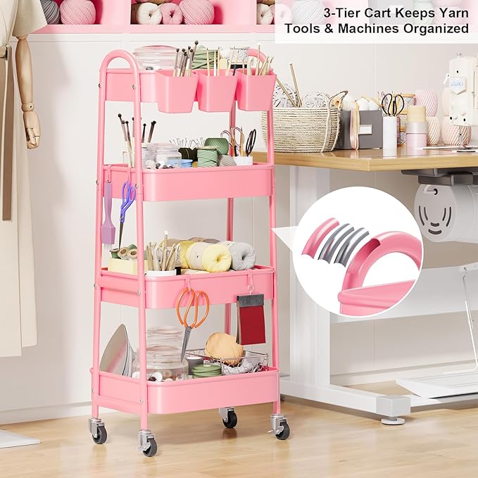 4 Tier Rolling Cart Metal with Lockable Wheels, Four Tiered Utility Carts | Pink Storage Organizer Trolley Cart on Wheels for Bathroom, Kitchen, Art, Craft, Baby Diaper Caddy, Snack, Makeup, Nail, Lash - Image 4