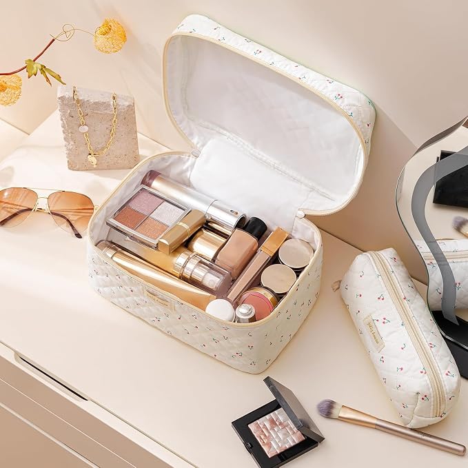 HBselect Quilted Makeup Bag, 3Pcs Cotton Large Travel Makeup Bags Organizer | Cute Floral Make up Bag Cosmetic Bag Toiletry Bag for Women Girls, Makeup Pouch for Skincare, Brushes & Travel Essentials - Image 2