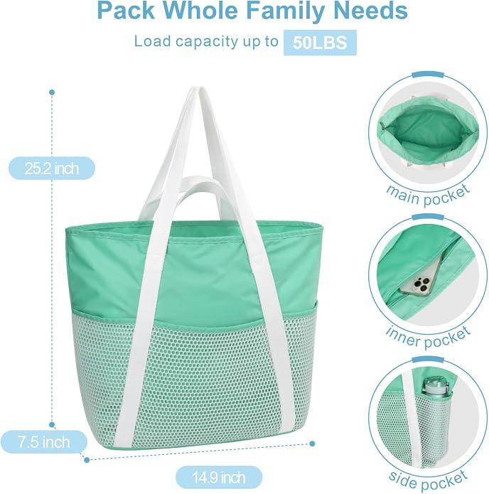 F-color Waterproof Beach Bags for Women - Machine Washable Travel Tote Bag with Zipper Cruise Swim Vacation Essentials - Image 5