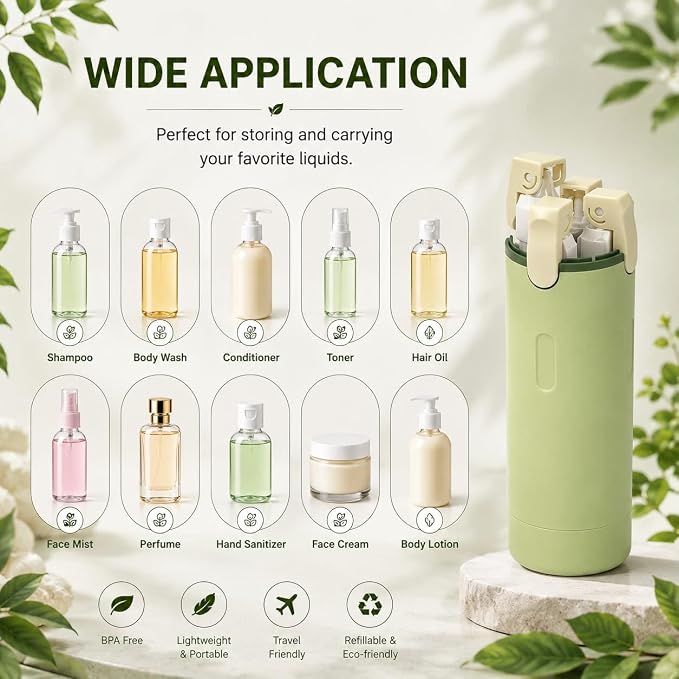Green 4 in 1 Travel Dispenser for Toiletries, TSA Approved Leak Proof Refillable Travel Bottles for Shampoo, Conditioner, Lotion & Soap, Portable Travel-Size Container Accessories for Women & Men - Image 2