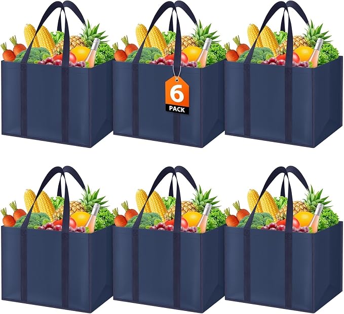 WISELIFE Reusable Grocery Bags, Foldable, Lasting Use, 35L, 6 Pack, Blue | Large Shopping Bags with Reinforced Stitching, Water-Resistant Grocery Totes for Kitchen, Market, Car Trunk, Picnic by WiseLife