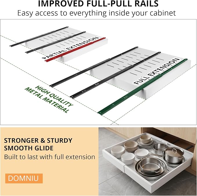 DOMNIU 2 Pack Pull Out Cabinet Organizers Expandable Width (12.4''-20.27'') | Upgrade 3 Slide Rails Sliding Drawer for Kitchen Cabinet Organizer with Adhesive Nano Film, White - Image 7