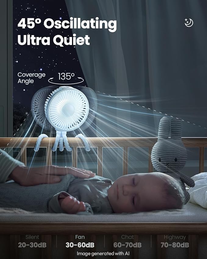 Gaiatop Oscillating Baby Stroller Fan with LED Lights, Rechargeable Blue | 4-Speed Quiet Cooling, 4.6 In, Battery Operated, 360° Rotate Clip On Small Portable Fans for Car Seat Crib Treadmill Travel - Image 4