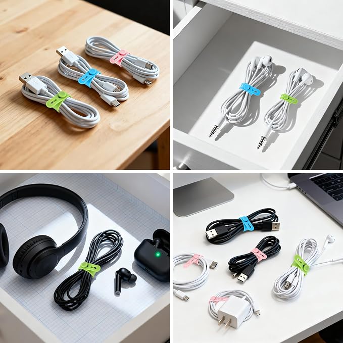 Silicone Cable Ties, Cord Organizer Ties, Cord Ties Reusable, Cord Wrap Cable Organizer 5Inch Cable Management 10 Pcs (5 Color) Cbfoeyk - Image 3