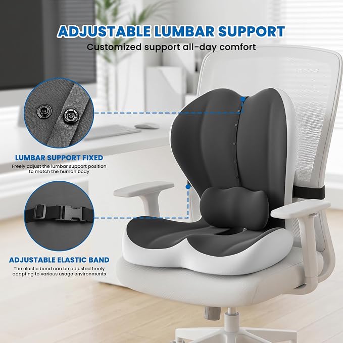 Large Car Seat Cushion with Lumbar Support Pillow for Long Sitting | Hollow Design for Coccyx, Reducing Sciatica Pressure, Tailbone & Lower Back Comfort, Memory Foam Cushion, Non-Slip for Chair - Image 8