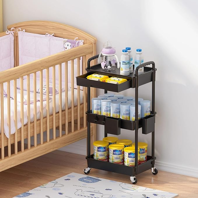 3 Tier Rolling Utility Cart with Drawer, Plastic Storage Organizer Rolling Carts with Wheels Handles Hanging Cups Hooks for Office, Bathroom, Kitchen,Craft Art Room (Black) - Image 7