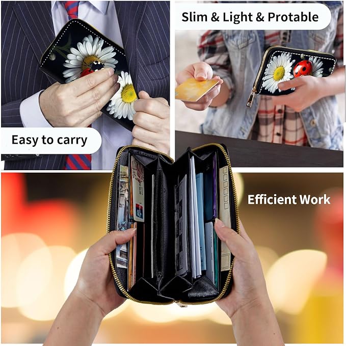 Wallet,Leather Long Wallet Suitable For Ladies And Teenagers - Detachable Wristband + RFID Travel Wallet With Card Slot - Ladybug on Daisy Flower - Image 7