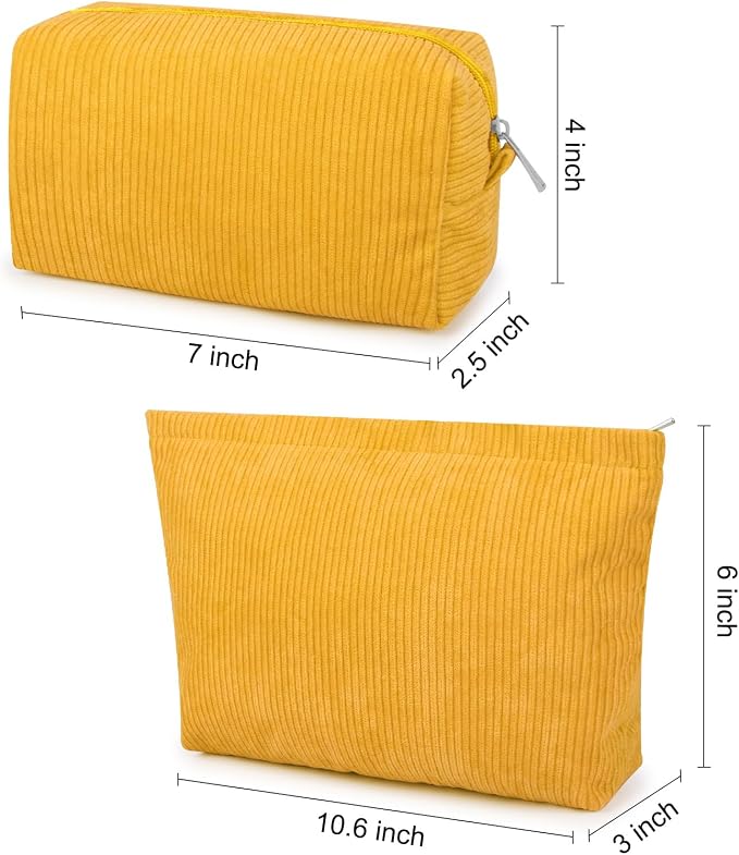 SOIDRAM 2 Pcs Corduroy Makeup Bag Large Cosmetic Bag Toiletry Bag Makeup Pouch Travel Bag Organizer Cute Makeup Brushes Aesthetic Accessories Storage Bag for Women Mustard Yellow - Image 3