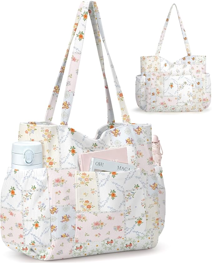 Corduroy Tote Bag for Women,Large Capacity Cute Tote Bags With 6 Pockets,Crossbody Shoulder Handbag for Work Travel Gym by Hatisan
