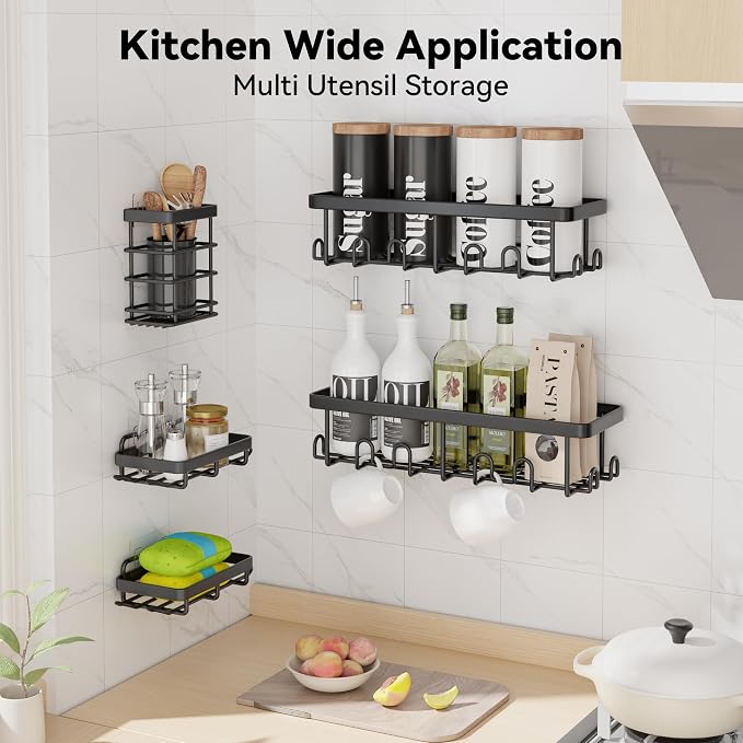 Shower Caddy Adhesive, Rustproof Shower Organizer, Wall Shower Rack | Large Capacity Shower Shelves for Inside Shower, Shampoo Shower Holder, Black, 2 Caddies, 2 Soap Dishes, 1 Toothbrush Holder - Image 9