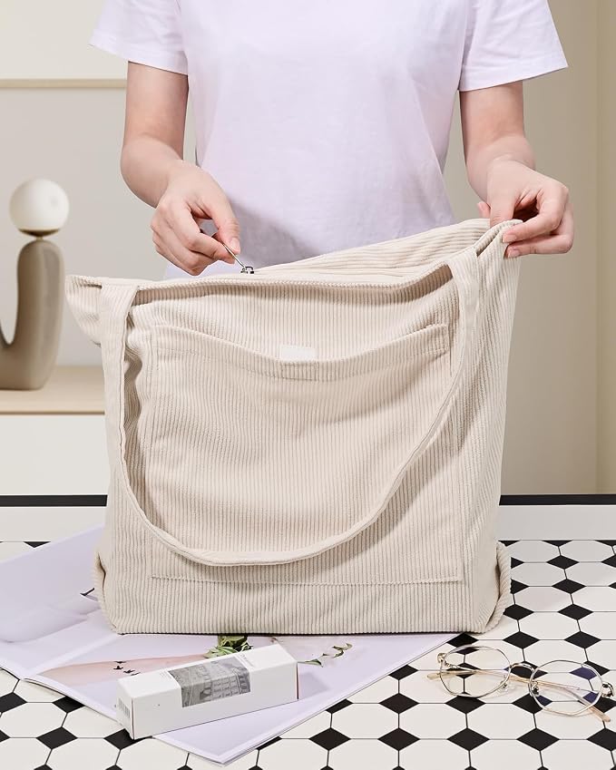 Iioscre Corduroy Tote Bag for Women,Hobo HandBags with Zipper | Large Capacity Casual Shoulder Bag with Inner Pockets for Shopping Work Daily Travel. - Image 3