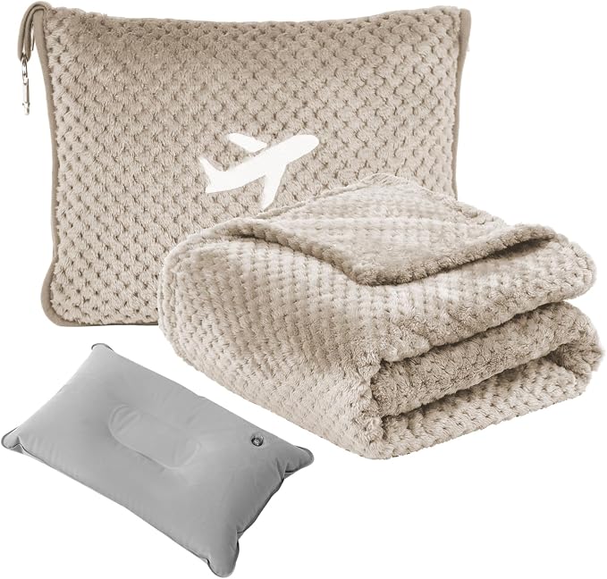 Travel Blanket Airplane Compact with Bag, Travel Essentials 3 in 1 Packable Airplane Blanket, Travel Pillow and Blanket Set, Inflatable Pillow, Luggage Sleeve & Backpack Clip (Camel) by Nenolix