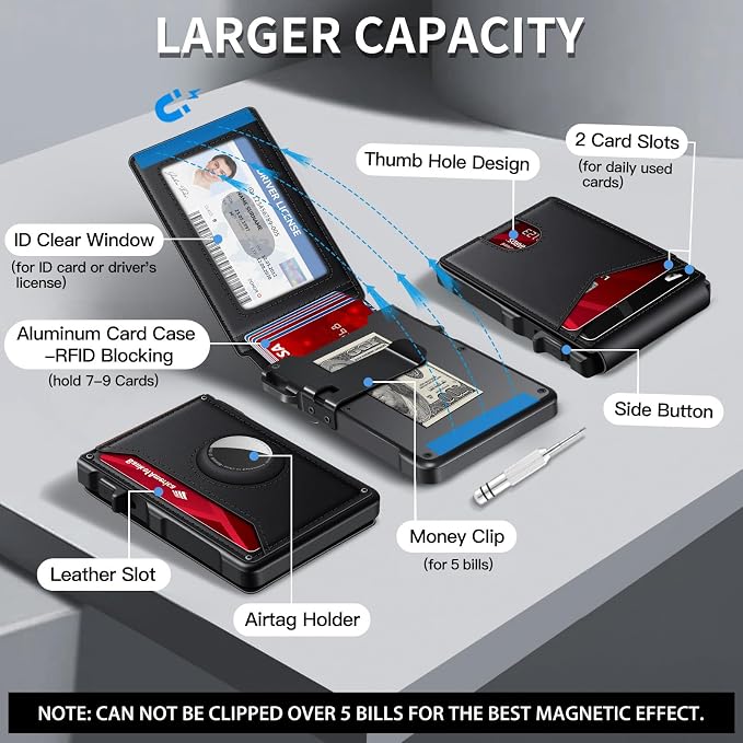KIKVES Airtag Wallet for Men, Mens Smart Wallet for Air Tag RFID Blocking, Minimalist Bifold Pop Up Aluminum Credit Card Case Holder 12+ Cards with ID Window, Gift for Men, No Airtag Included, Black - Image 5