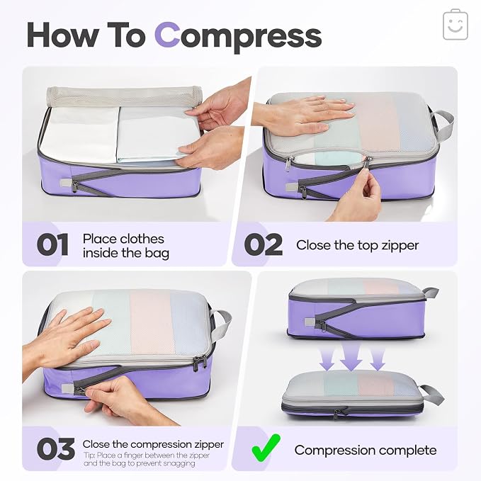 Veken 9/11 Set Compression Packing Cubes Garment Bags for Travel Essentials,Compressible Expandable Luggage Organizer Bags for Clothing,Space Saver Bags with Over 1000 pcs of Mesh Holes(Light Purple) - Image 3