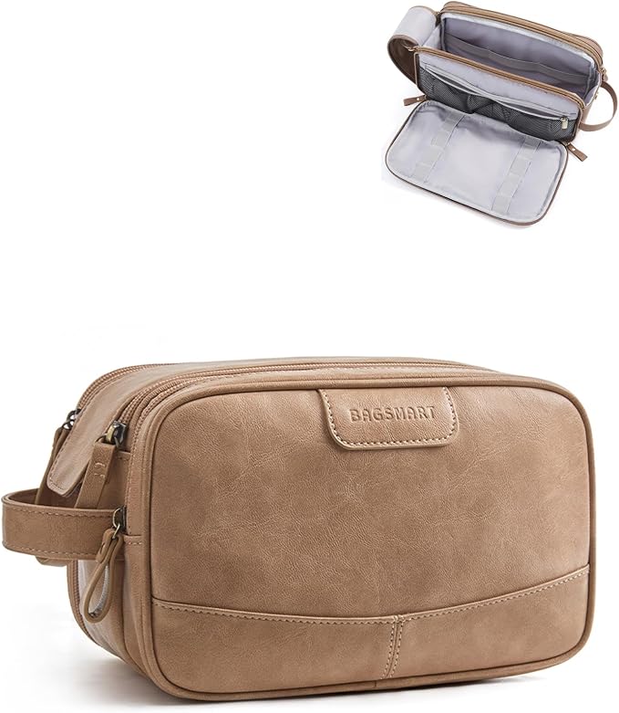 BAGSMART Medium Toiletry Bag for Men, PU Leather Water Resistant, Camel | High-gloss, Travel Bag for Toiletries, Dopp Kit, Shaving Bag for Bathroom Shower by BAGSMART