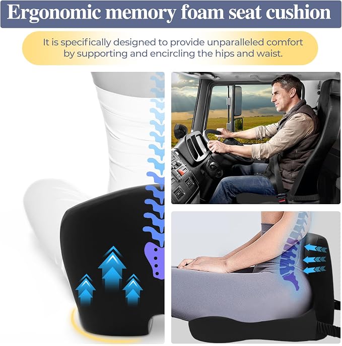 Memory Foam Seat Cushion for Sciatica & Back Pain Relief - Ergonomic Chair Pad with Adjustable Strap & Supportive Comfort Cover, Non-Slip for Car, Truck, Office Chair -Black - Image 3