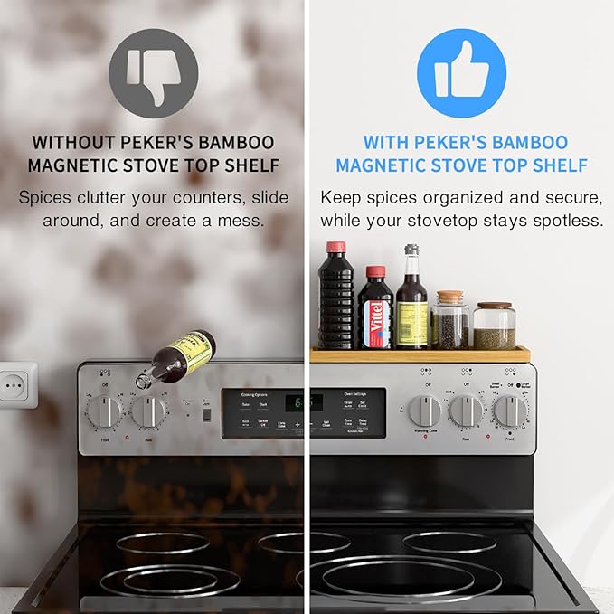 PEKER Magnetic Stove Top Shelf for 30" Stoves, Over Oven Shelf Above with Bamboo Spice Rack Organizer, Heat-Resistant, Space-Saving Solution for Kitchen Storage - Image 7