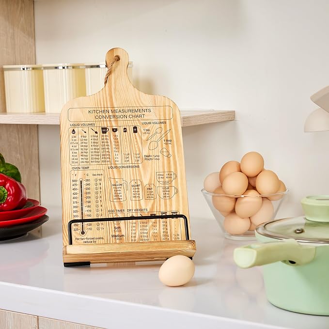 Housejoy Wooden Cookbook Stand for Kitchen: Adjustable Holder with 2 Aprons | Support Suspension&Foldable Easel Holder-Height Adjustable Stand-Measurement Conversion Chart-Ideal for Kitchen Counter - Image 6