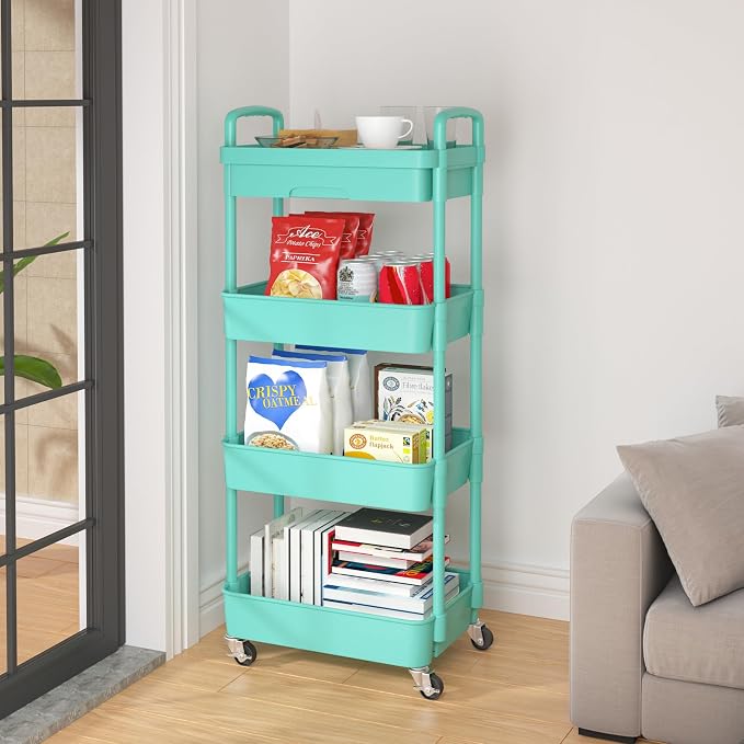 Calmootey 4-Tier Utility Cart with Drawer & Wheels, Storage for Home,Office | Space-Saving Organizer, Sturdy Plastic Shelves, Smooth-Rolling Metal Wheels, Built-in Drawer for Small Items, Green - Image 4