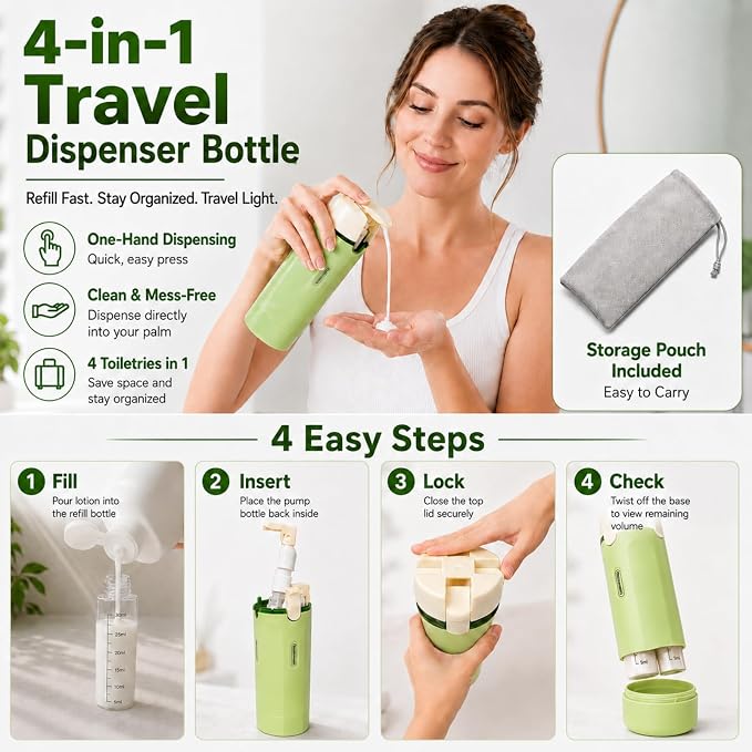 4 in 1 Travel Dispenser, Leak-Proof Travel Bottles with Storage Bag, 4 Refillable 30ml (1oz) Travel Containers for Toiletries, Portable Green Set for Shampoo, Body Wash, Lotion - Image 7
