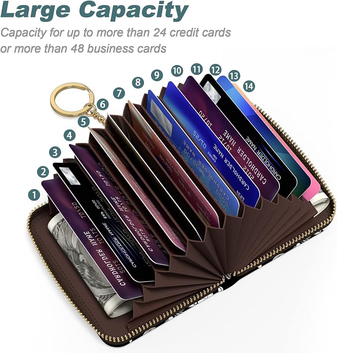 Nipichsha Women's Slim Leather RFID Wallet, Black Flower, Compact Size, 12-Slot with Zipper and Keychain | Leather Card Holder Wallet, Credit Card Wallet Organizer, Business Card Case with Zipper & Keychain, 12-Slot Compartment - Image 3