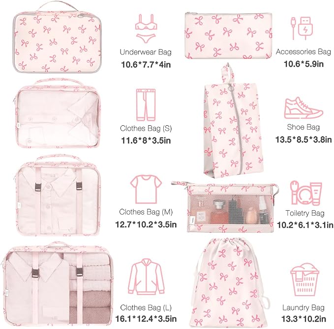 8 Set Packing Cubes for Suitcases,Suitcase Organizer with Shoe,Cosmetics,Clothing, and Accessories Bags for Travel Luggage Organizer Women Men(Pink Bows) - Image 2