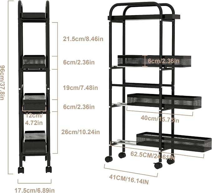 UMDONX 4-Tier Narrow Mobile Storage Cart with Pull-Out Baskets | The Multifunctional Pull-out Storage Rack Is Suitable for Bathrooms, Kitchens, and Laundry Rooms - Image 6