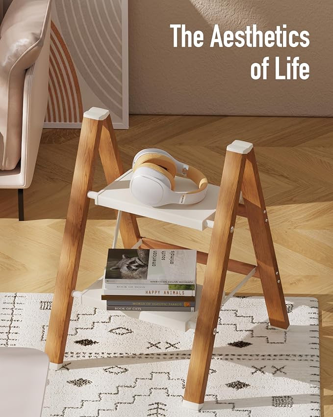 Mayi Plus 2 Step Stool Foldable, Aluminum, Lightweight Step Ladder | Extra-wide anti-slip folding steps with 330 lbs, for home,kitchen,office,outdoor,White & Woodgrain - Image 4