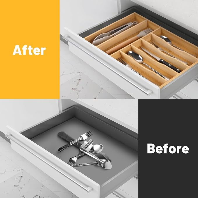 Kitchen Bamboo Silverware Organizer, Kitchen Drawer Organizer - Utensil Holder and Cutlery Tray with Grooved Drawer Dividers for Flatware 7 Slot, Natural - Image 4