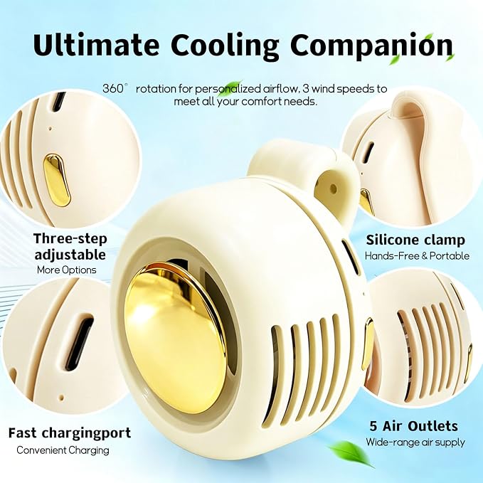 Portable Silent Clip-On Bladeless Personal Fan, Wearable Waist & Neck Fan, 360° Rotation, 3 Speeds, USB-C Rechargeable, Compact & Lightweight, Hands-Free Cooling for Travel, Office & Outdoor (White) - Image 2