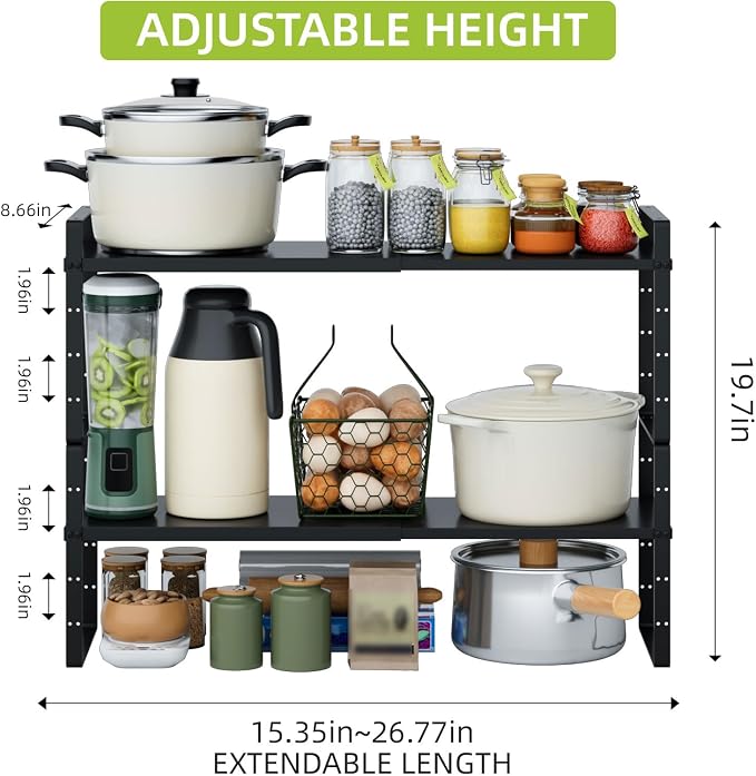 Expandable Cabinet Shelf Organizer Rack, Stackable Kitchen Counter Storage Shelves Stand, Adjustable Height Pantry Shelf Spice Rack (Black-2 Pack, 8.7" D x 15.4-26.8" W x 9.8" H) - Image 2