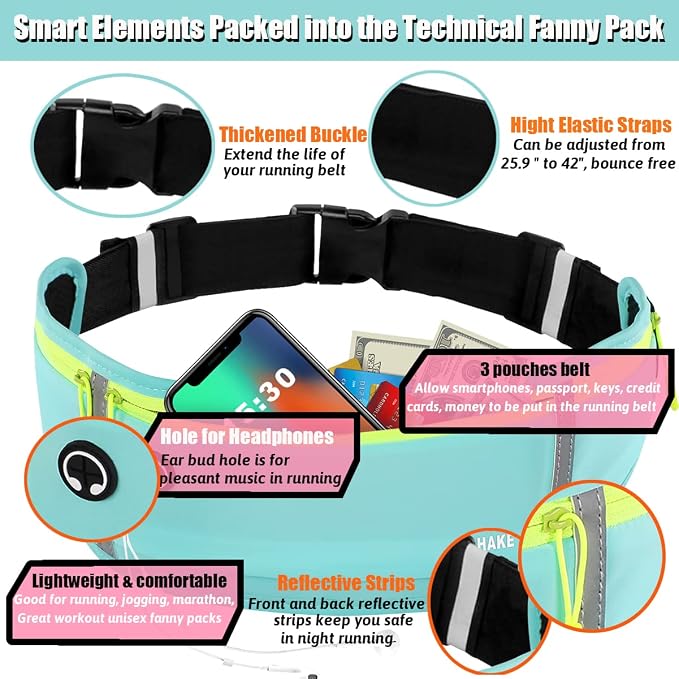 USHAKE Slim Running Belt, Workout Fanny Pack for Men Women,Exercise Waist Pack for Apple iPhone Holder, Runner Belt for Running Walking Cycling Camping Gym Mint blue - Image 3