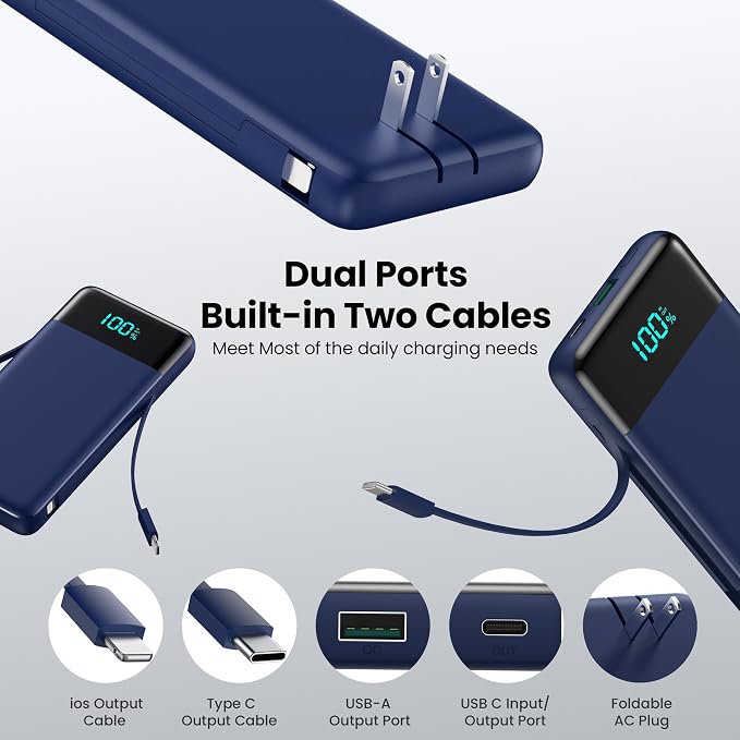 Portable Charger with Built-in AC Plug and Cables,13800mAh All in One USB C Fast Charging Power Bank,Travel Essentials Portable Phone Charger Battery Pack for iPhone 17/16/14,Galaxy,Android-Dark Blue - Image 3