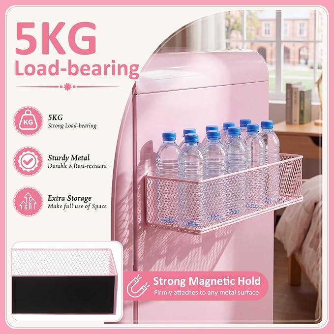 FoldTier 2 Pack Pink Magnetic Basket Dorm Mini Fridge Shelf Organizer Kitchen Storage Bin Container Spice Holder for Locker Refrigerator Pantry Dorm Essentials (13.8 x 3.1 x 4.9 Inch) - Image 4