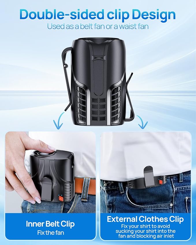 Portable Personal Waist Fan& Neck Fan, 14000RPM Brushless Motor, 40H Runtime Rechargeable, 6-Speed Quiet Operation, Clip-On Personal Body Cooling for Camping/Worksites/Outdoor - Image 6