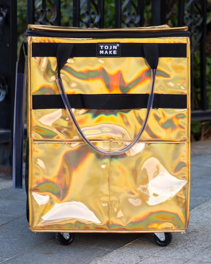 Reusable Grocery Bag with Wheels, Medium Glitter Gold Rolling Tote | 8 Pockets, Zipper Cover, Foldable for Women, Kitchen, Travel, Carries Up to 66LBS - Image 5