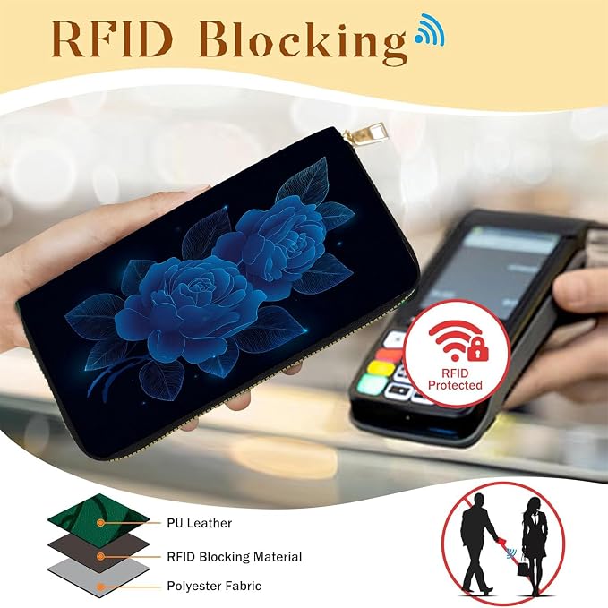 Women's RFID Blocking PU Leather Zip-Around Wallet, Large Capacity Clutch with Phone Holder, Travel Purse & Card Organizer with Removable Wristlet,Blue Rose - Image 2
