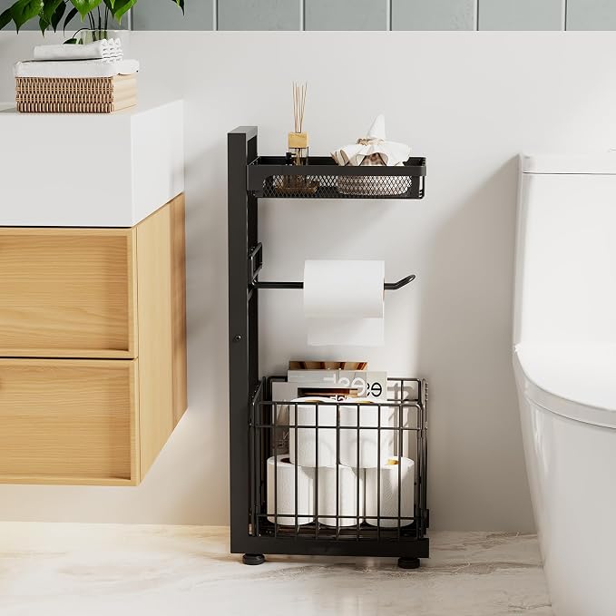 Freestanding Toilet Paper Holder Stand with Storage Shelf, Black | Sturdy Multi-tier Metal Stand with Large Foldable Basket. Versatile for Bathroom, Kitchen, Living Room. Adjustable Organizer - Image 6