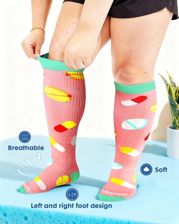 3-Pair Wide Calf Compression Socks for Women | 20-30mmHg Graduated Support, Easy On & Off, Knee High Length, Ankle Support, Travel Nurse Daily Wear, Cute Patterned - Image 5