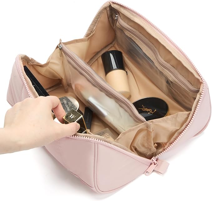 NISHEL Travel Makeup Bag for women, Organizer Pouch Cosmetic Case | Open-flat design keeps cosmetics, brushes, and beauty tools organized for travel and daily routines, Large, Pink - Image 2