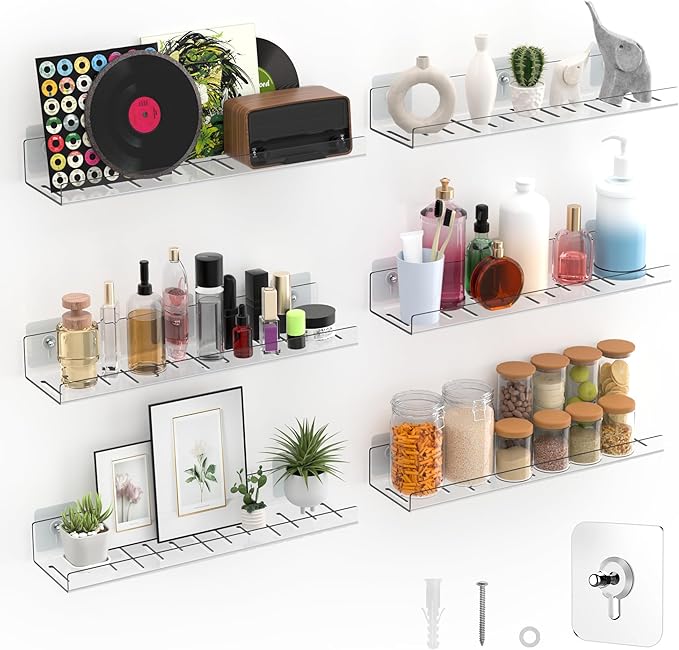 LAZYROSY 6 Pack Floating Shelves - Clear Acrylic/PET Wall Mounted Non-Drilling Storage Rack with Adhesive, Invisible Bathroom and Bedroom Shelves for Kitchen, Living Room, Clear Decoration by Lazyrosy
