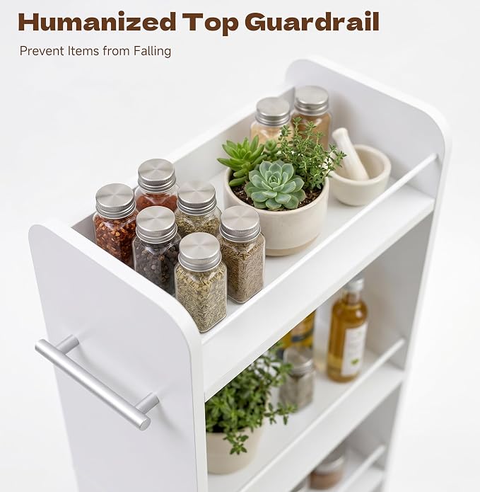 Slim Rolling Storage Cart,4 Tier White Rolling Utility Cart Slide Out Rack | Narrow Spice Rack Organizer Trolley for Kitchen Bathroom Larundry Small Corner 7.7inch wide - Image 6