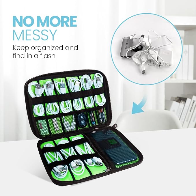 Lcsmaokin Electronics Travel Organizer,Portable Waterproof Electronic Travel Storage Bag for Small Charging Cord Storage,Charger,SD Card etc,for Travel,Business -Black Green - Image 2