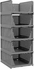 5 Pack Folding Closet Organizers - Stackable Plastic Drawer Basket for Clothing, Shelf Storage Container for Closet, Wardrobe, Bedroom, Bathroom, Office (Black) by Pinkpum