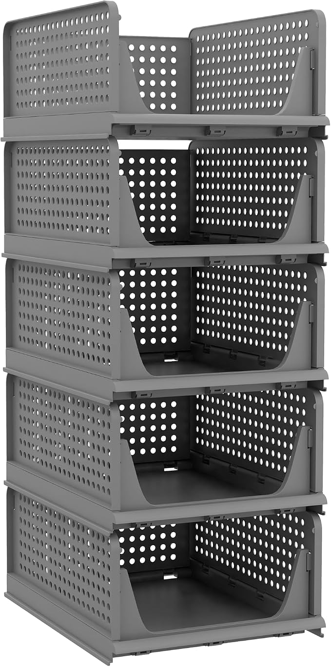 5 Pack Folding Closet Organizers - Stackable Plastic Drawer Basket for Clothing, Shelf Storage Container for Closet, Wardrobe, Bedroom, Bathroom, Office (Black) by Pinkpum