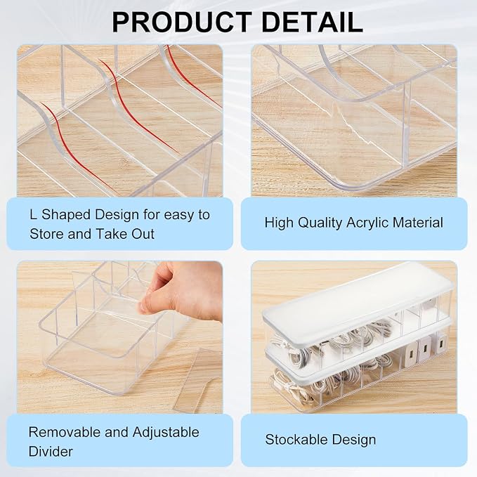 Tatuo 2 Pcs Cord Organizer for Drawer Desktop, Cable Organizer Box with 8 Compartments and Wire Ties, Plastic Charger Storage with Lid, Electronics Case for Home Office Accessories (Small,Clear,White) - Image 4