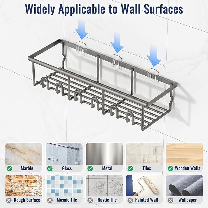 8 Pack Adhesive Rustproof Shower Caddy with Soap Dishes, Toothbrush Holder & Hooks, Large Capacity No-Drilling Shower Shelves Rack for Bathroom Organizers and Storage Accessories, Dark Gray - Image 7
